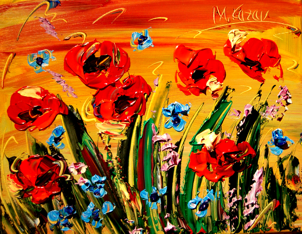 RED POPPIES Modern Pop art Painting  Stretched Canvas Signed wTHTRH