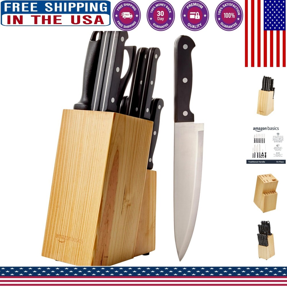 Premium 14-Piece High Carbon Steel Knife Set with Black Handles and Storage Block