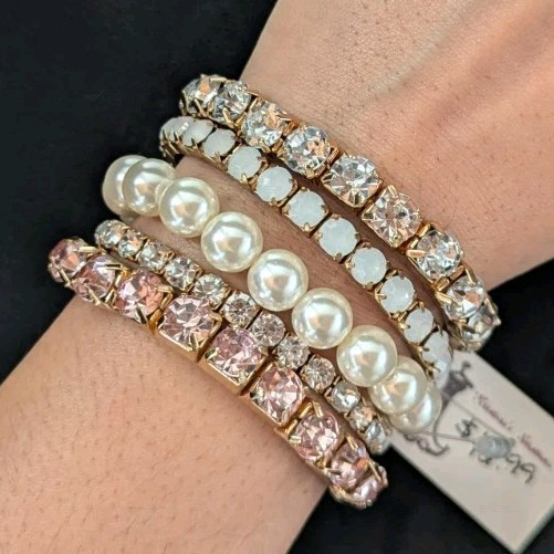 Pearl Rhinestone and Gold Crystal Bracelet Set Adjustable Stretchable Retro 90s