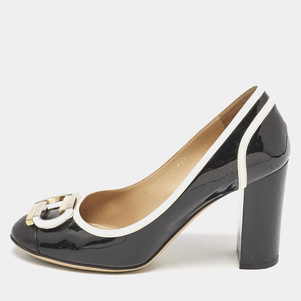 Salvatore Ferragamo BlackCream Patent Leather Bow Pumps Size 38