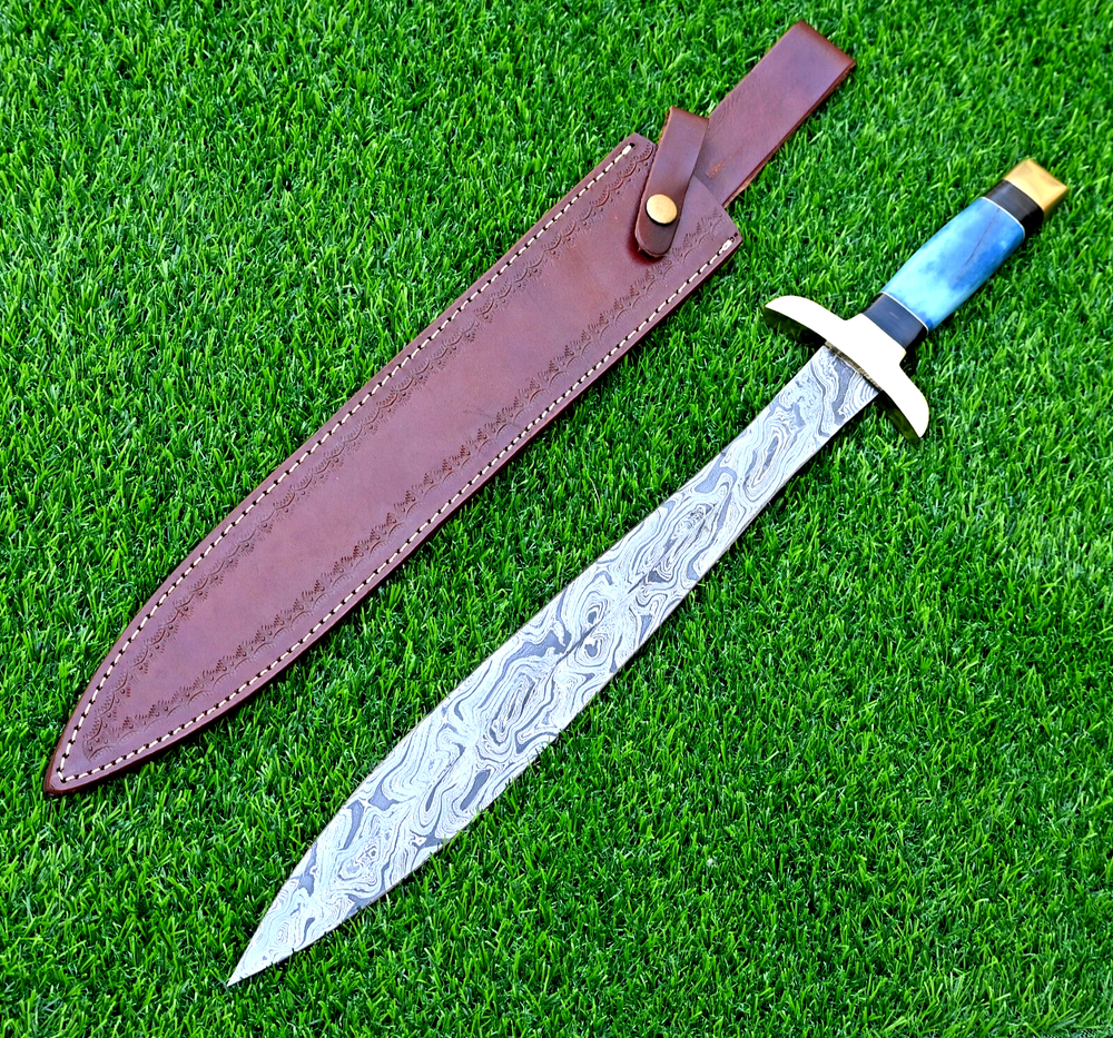 Custom Forged Damascus Steel Double-Edged Knight Sword 1671 Fixed Blade