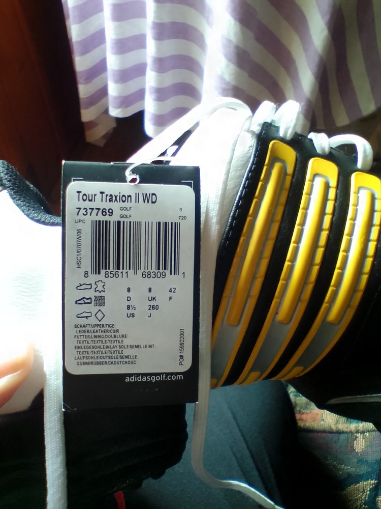 adidas Tour Traxion II WD Men's Golf Shoes White Black Yellow US 8.5 Leather Sp…