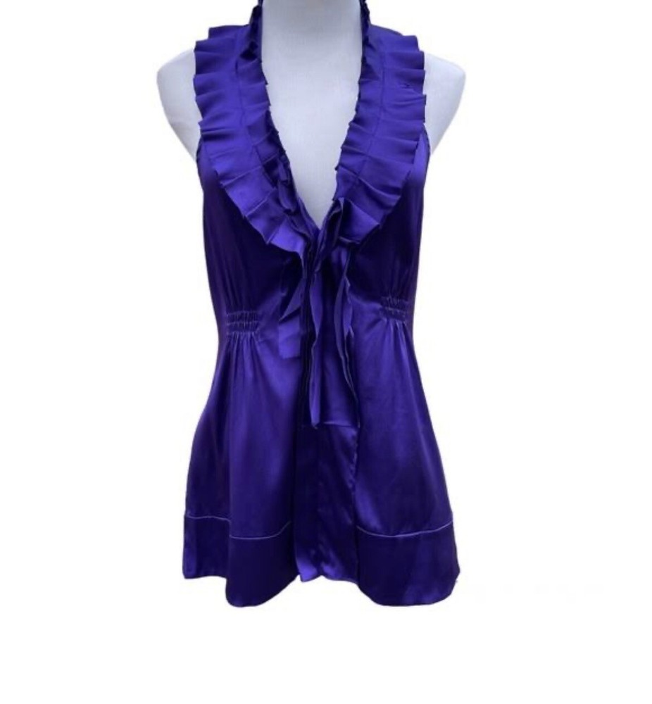 Silk BcBgMaxAzria halter top Purple XS Satin Stretch Ruffle Detail Y2k 2000s
