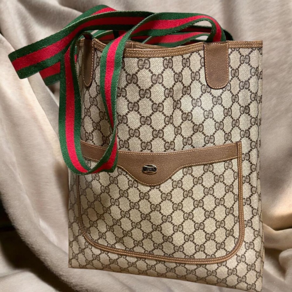 Authentic Gucci GG Canvas Beige Tote Bag Sherry Line F0808649
