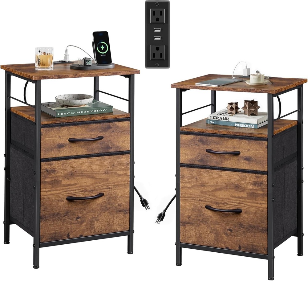 WLIVE Night Stand Set 2, Nightstand with Charging Station, Bedside Tables for B