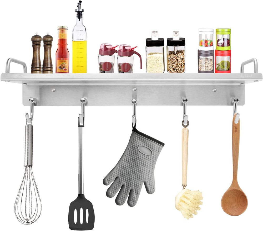 Wall Mount Spice Rack with Hooks - Over Stove Kitchen Utensil Organizer Shelf