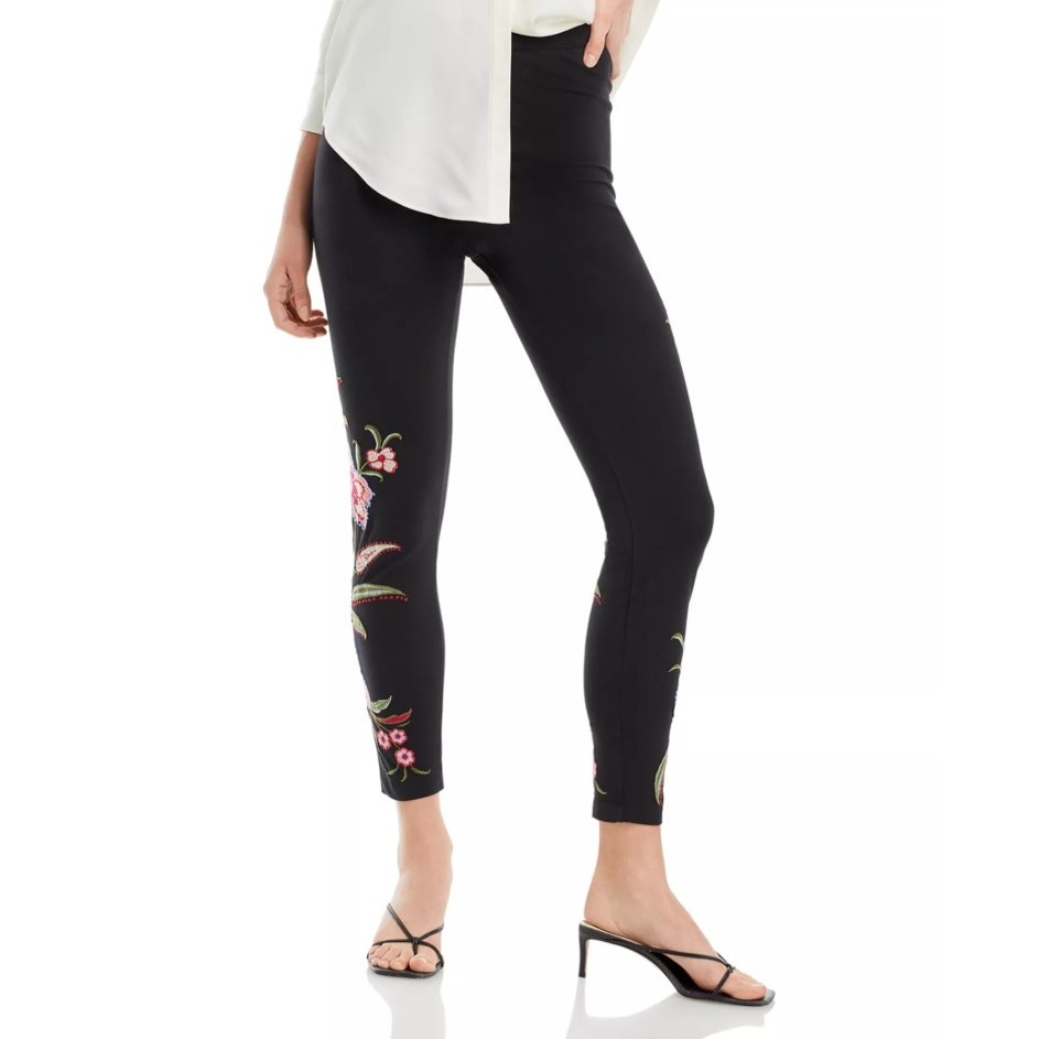 Johnny Was Women Black Floral Embroidered Libbi Boho Ankle Leggings Size XL