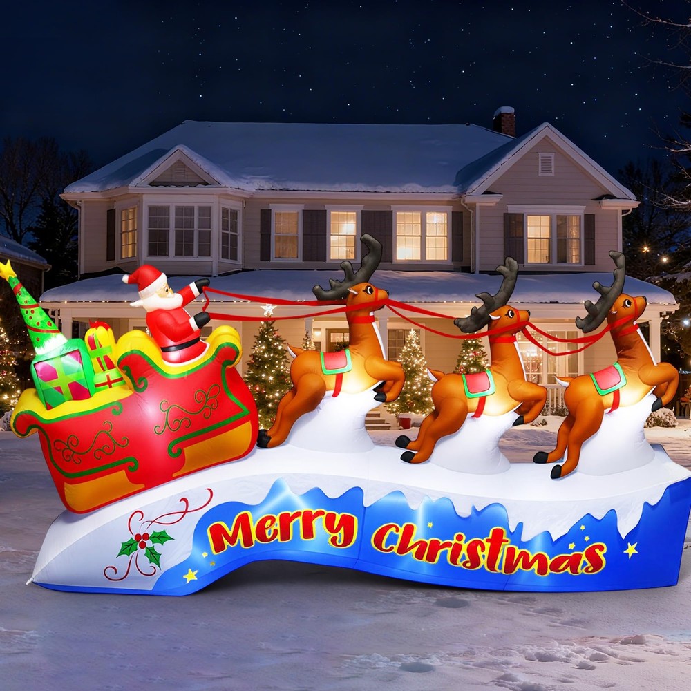 12FT Christmas Inflatables Santa on Sleigh 2025 NEW LED Outdoor Decoration