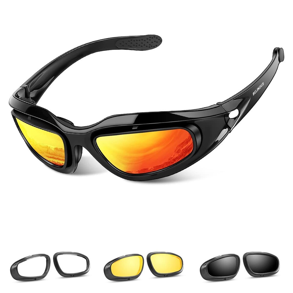 Belinous Polarized Motorcycle Glasses Tactical Black Frame with 4 Lens Kit