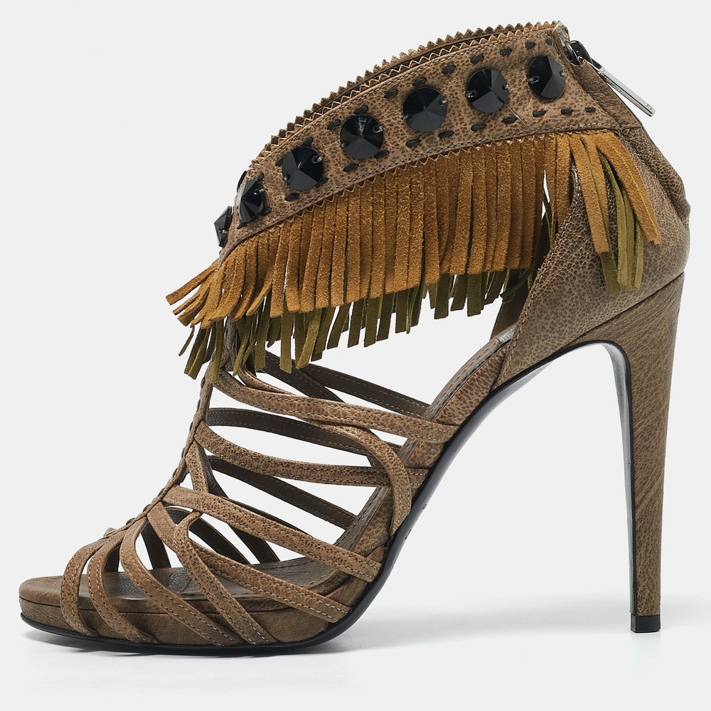 Dior Beige Leather Suede Fringe Ankle Strap Sandals Size 40