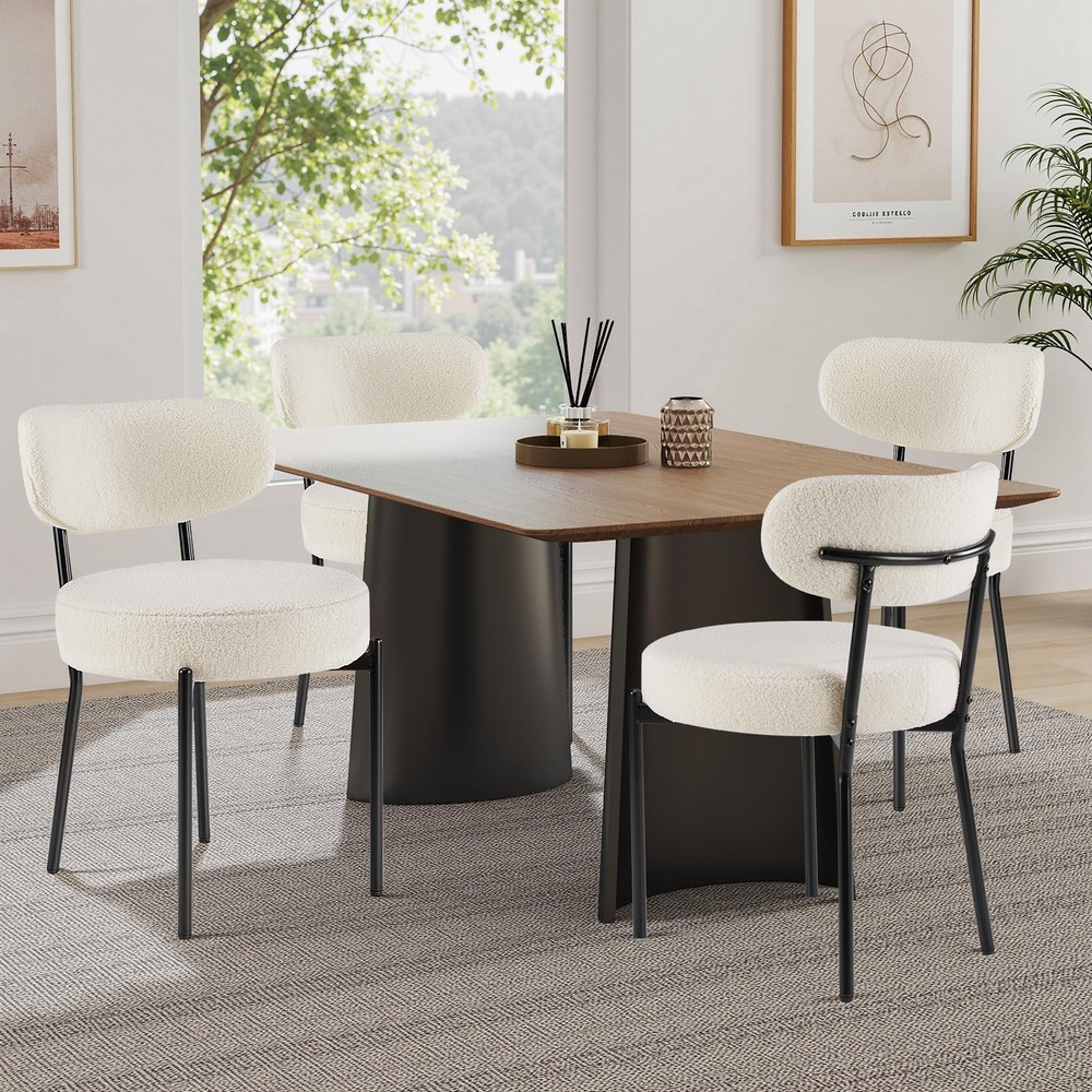 Set of 4 Modern Mid Century Round Upholstered Boucle Dining Chairs for Kitchen