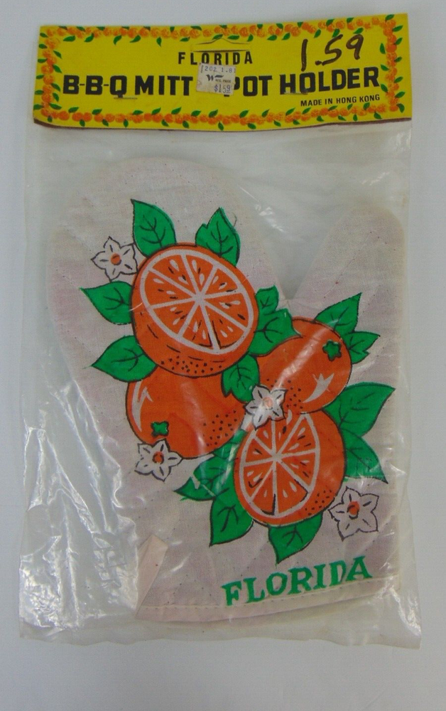 Vintage FLORIDA B B Q Pot Holder Mitt Tropical Oven Souvenir White Orange