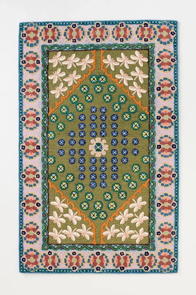 Floral Area Rug, Hand-Tufted Wool Cotton, Green Pink Blue Boho Carpet