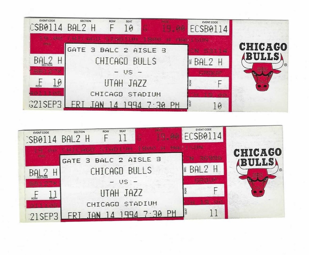 Chicago Bulls vs Utah Jazz Unused Basketball Tickets From January 14, 1994