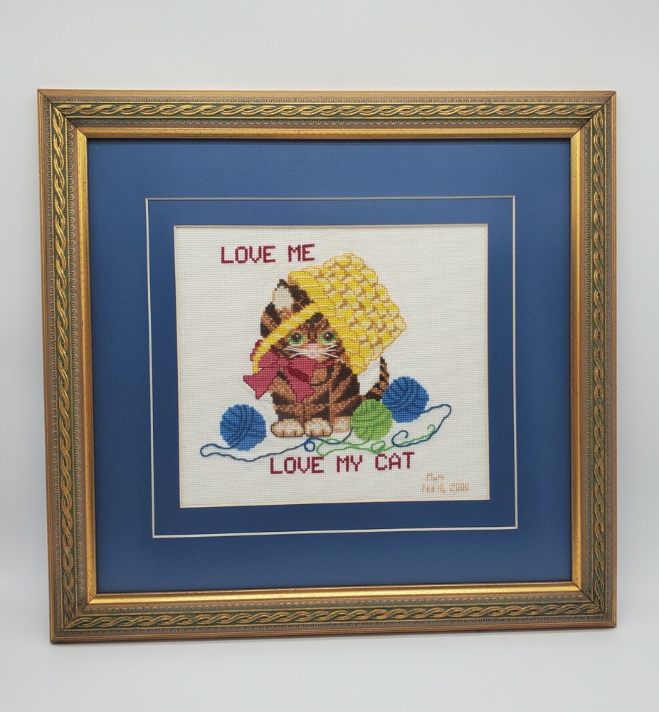 Cross Stitch Love Me Love My Cat In Yarn Basket Hamdmade Custom Framed Art