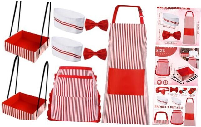 6 Pcs Halloween Couple Waiter Costume Kit Soda Jerk Apron Chef Hat Bow Ties