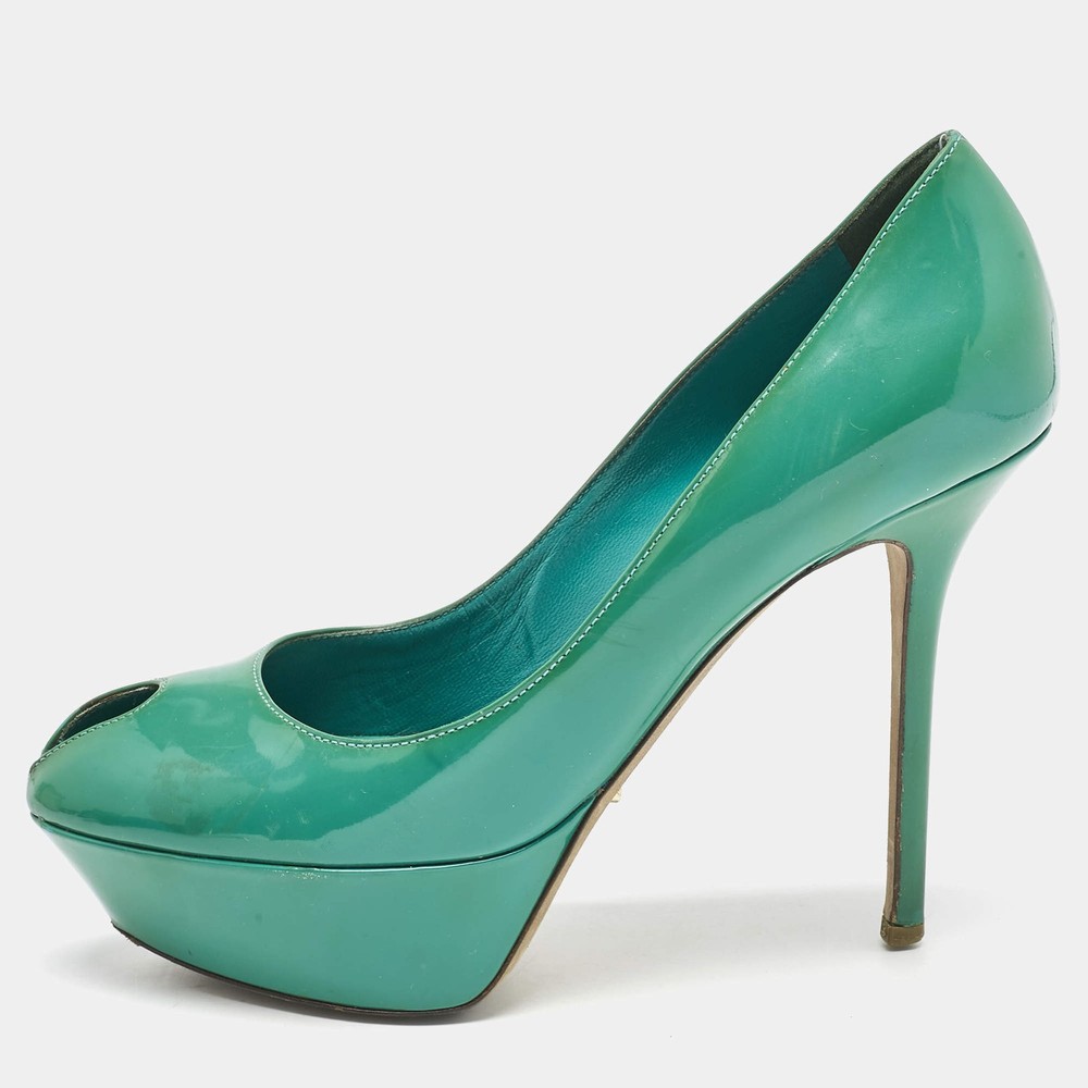 Sergio Rossi Green Patent Leather Peep Toe Platform Pumps Size 38