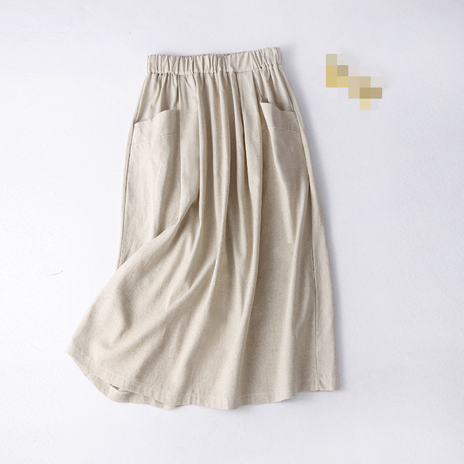 Women Cotton Skirt Elastic Waist Midi Skirt Side Pockets Casual Solid A Line