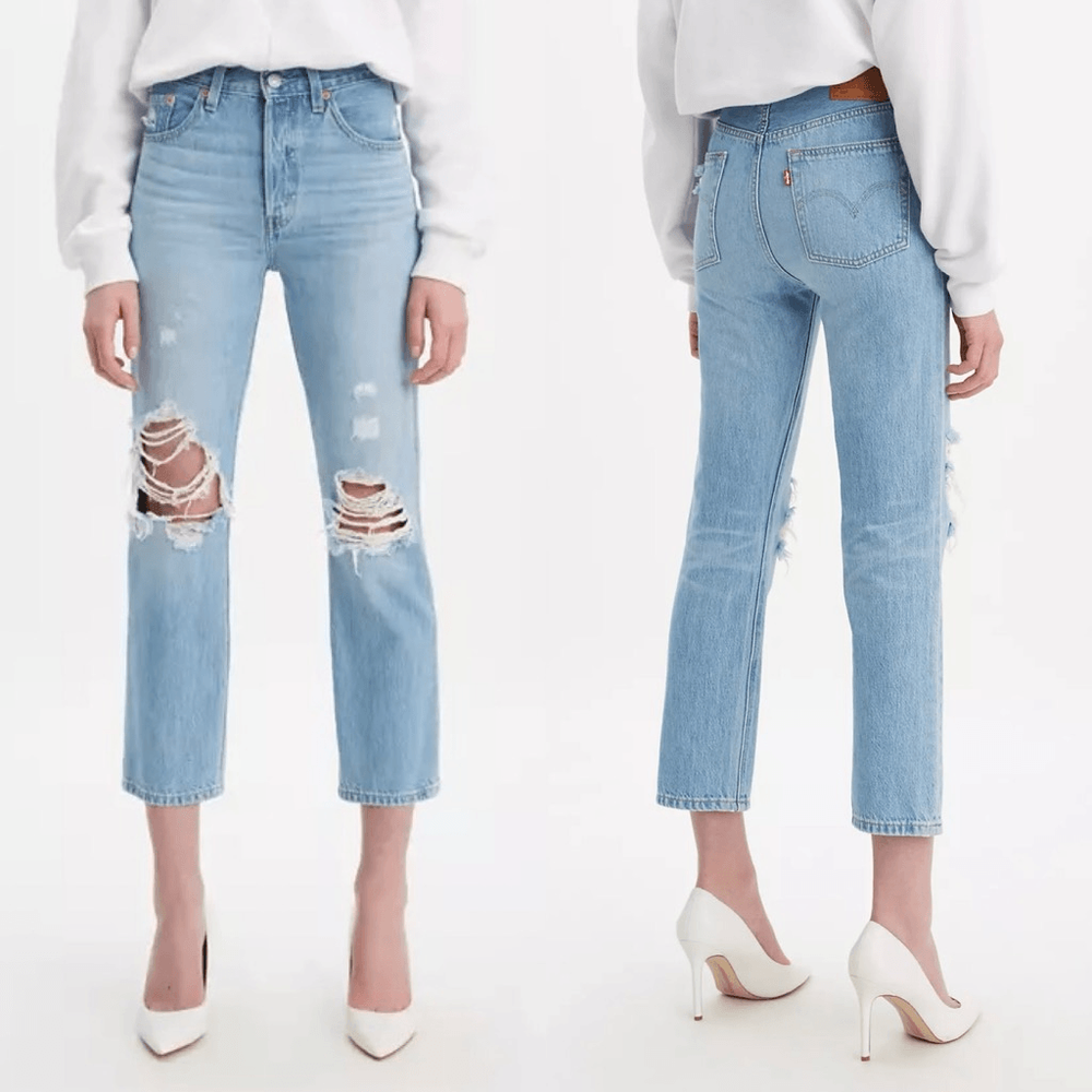 Levi’s 501 Premium Original Cropped Patched Jeans Medium Wash High Rise Size 28