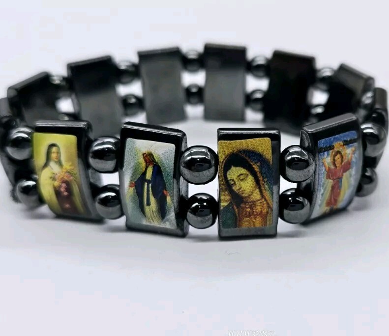 Religious Hematite Stretch Bracelet with Pictures Saints Jesus #2