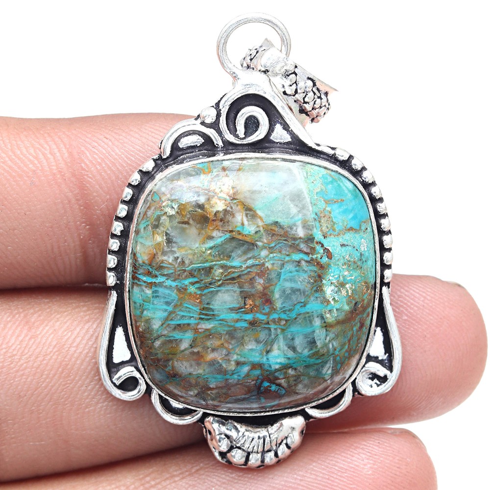 Chrysocolla Gemstone Pendant Handmade Ethnic Silver Jewelry Gift For Her 2 Inch