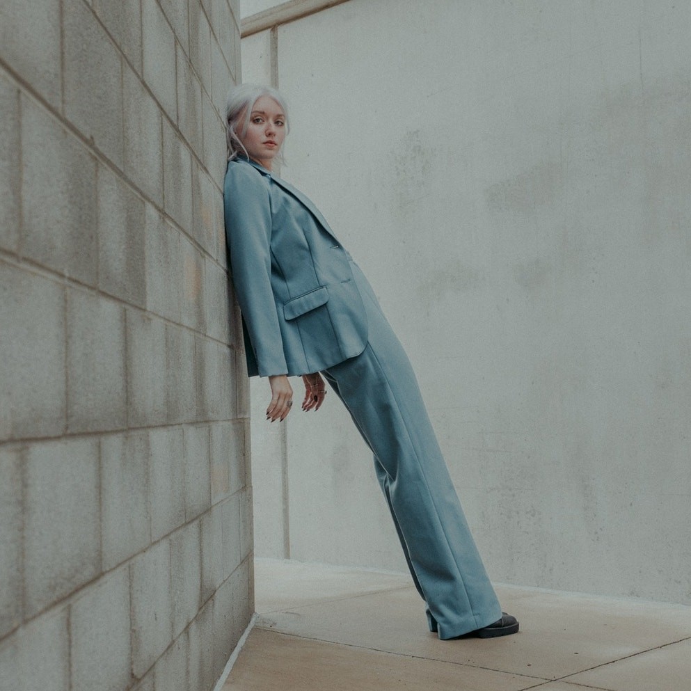 Vintage Womens Panther dusty Powder Blue Pant Suit Set Blazer 2 Piece Size S