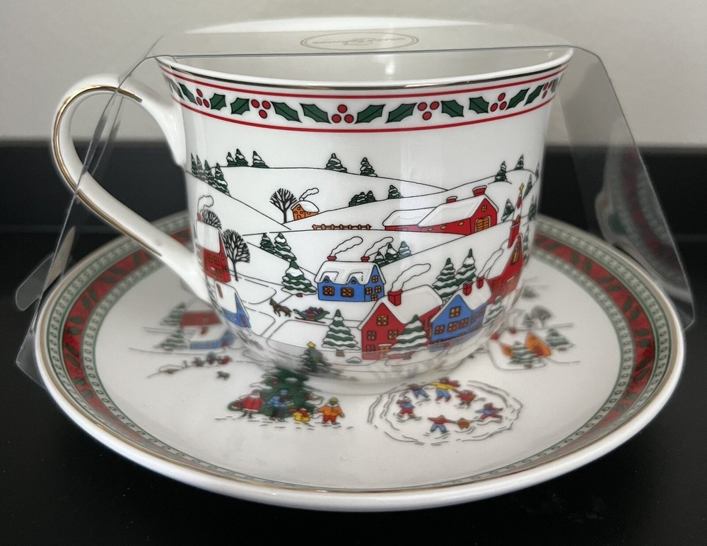 ☕Grace's Teaware, Oversized Cup & Saucer Multicolor Holiday Winter Village Scene
