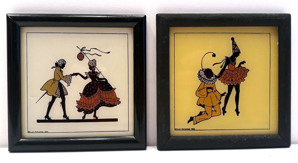 1930 Silhouette Reverse Painting “Minuets and Pierrettes” PAIR 4x4