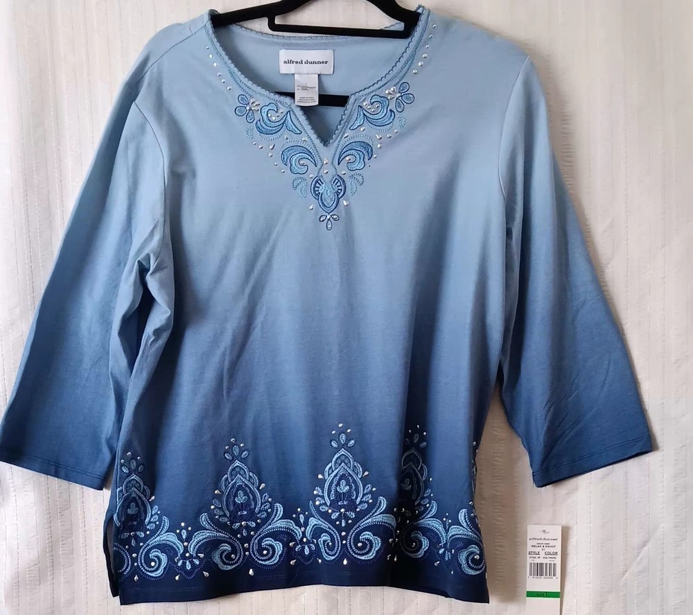 Alfred Dunner  Blue  Pullover Long Sleeve Blouse Embelished Beads Size L