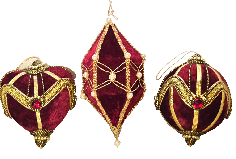 Large Burgundy Velvet Gold Ornaments with Faux Pearls Jewels Beads