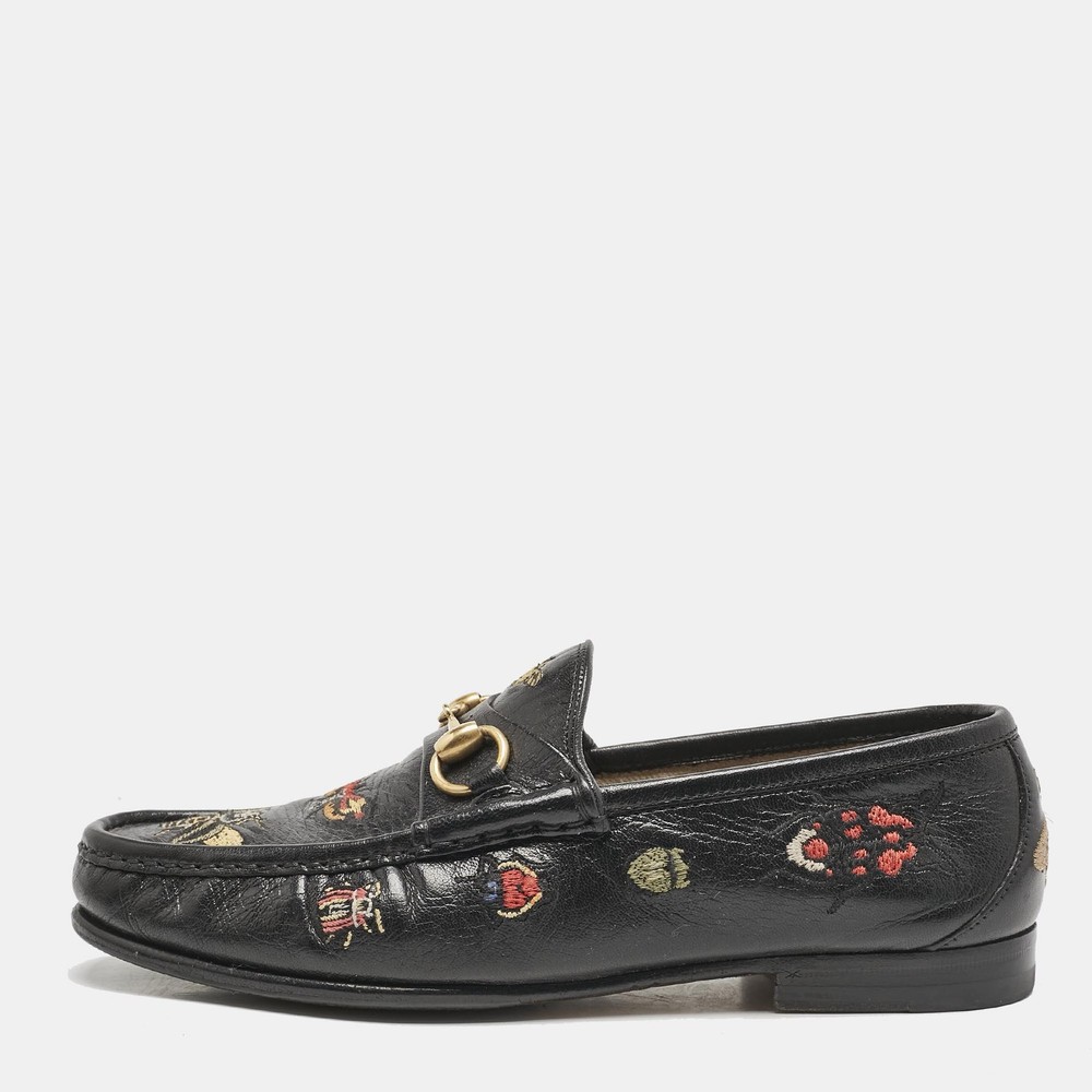 Gucci Black Embroidered Leather Horsebit Loafers Size 40.5 1953 Design