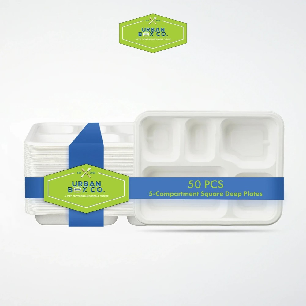 Urban Box Co 5-Compartment Heavy-Duty Meal Trays 50 Pack Unique Design