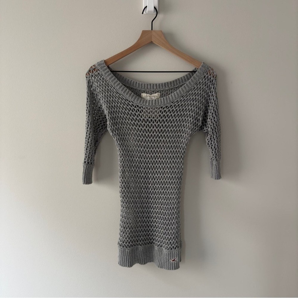 Hollister Vintage Y2K Chunky Open-Knit Gray Sweater Top boat neck 100% cotton