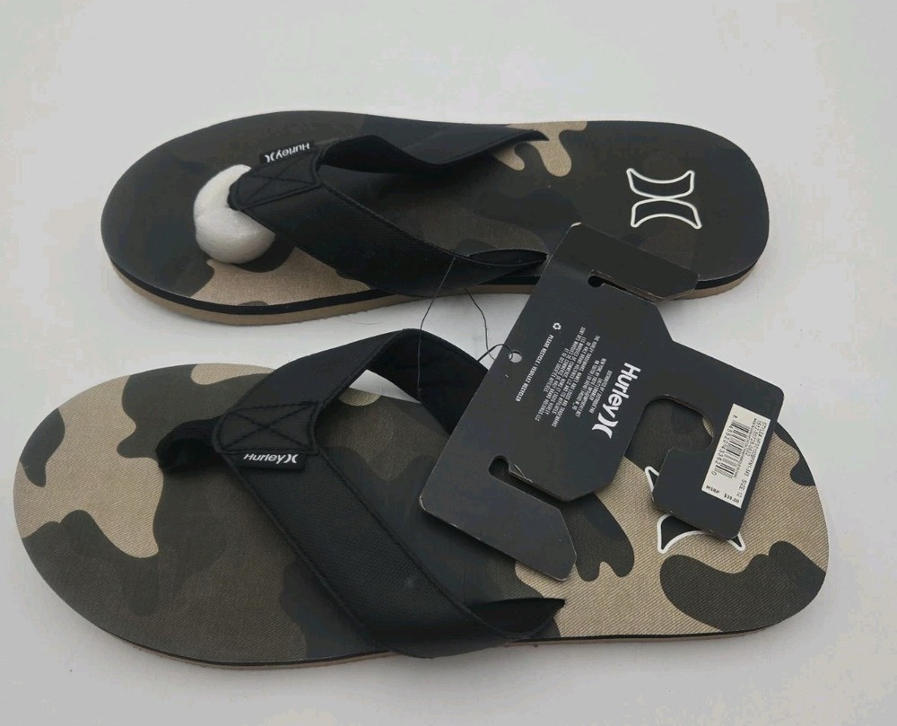 Hurley Flip Flops Mens Size 12 Black Camo Sandals Thong Beach Casual Summer NEW
