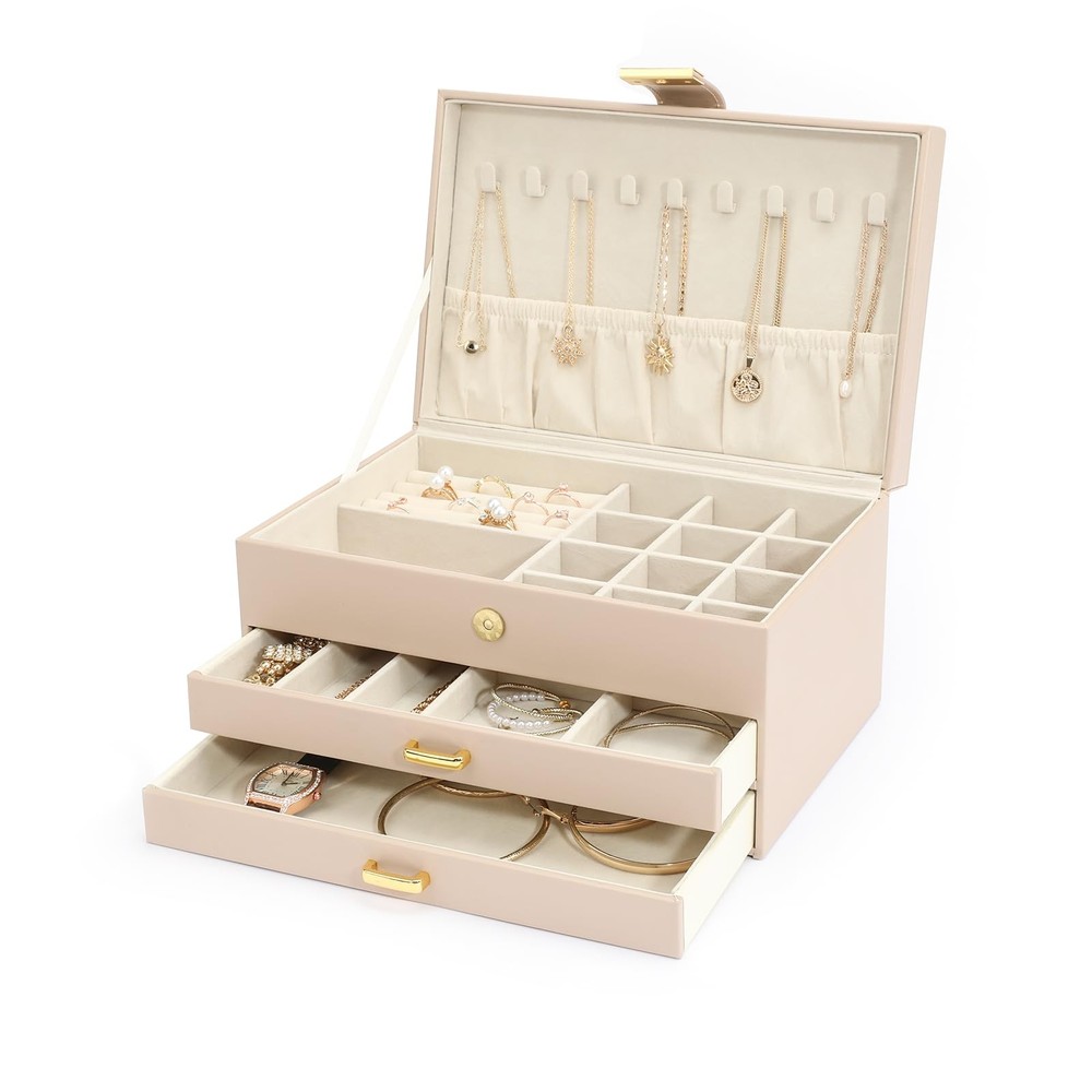3-Tier Beige Modern Jewelry Box with 2 Drawers for Women