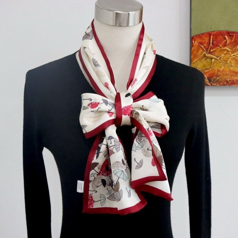 Soft Red Mulberry Silk Shawl Scarf with Umbrella Print and Double Layer Design