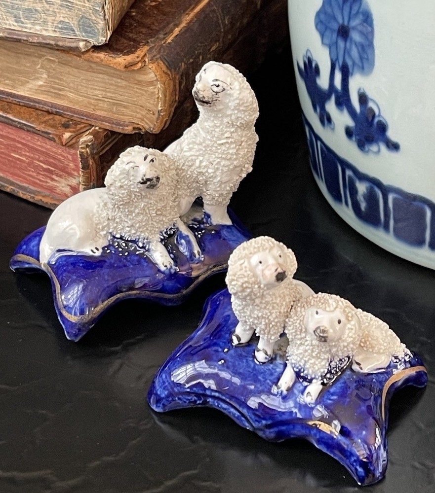 Rare Petite 19C English Staffordshire Textural Hunt Spaniel Mantle Dog Pair 2.4”