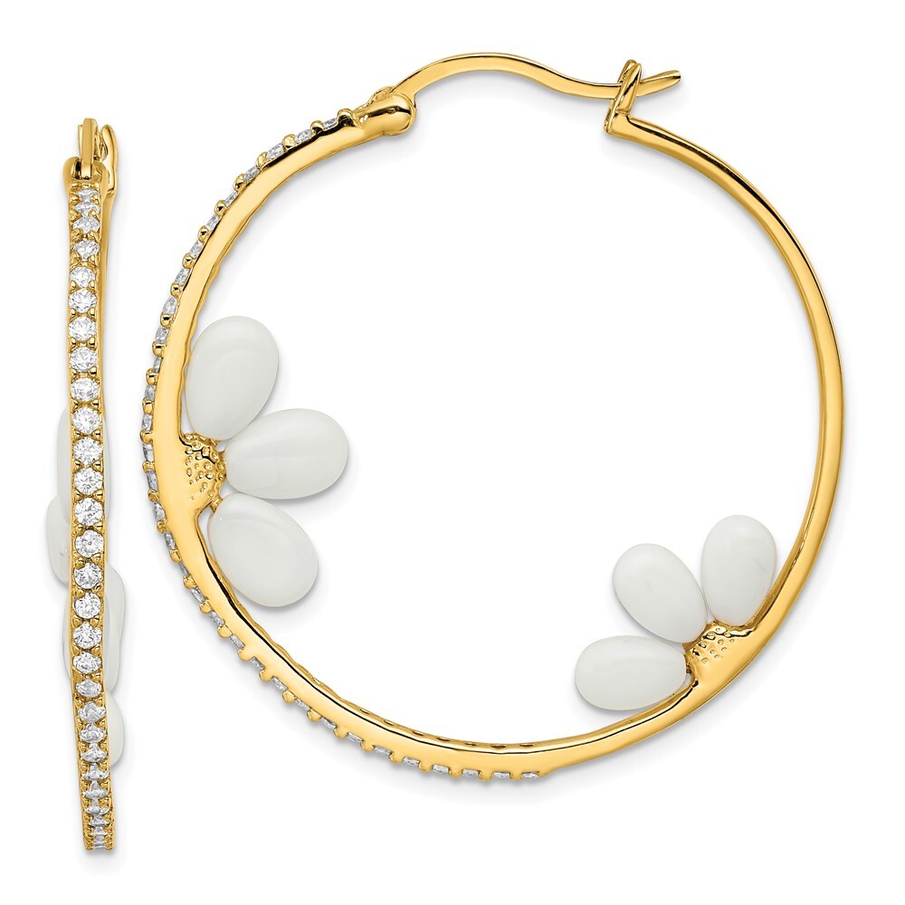 Sterling Silver Gold Tone Cubic Zirconia and White Agate Hoop Earrings 5.94gm