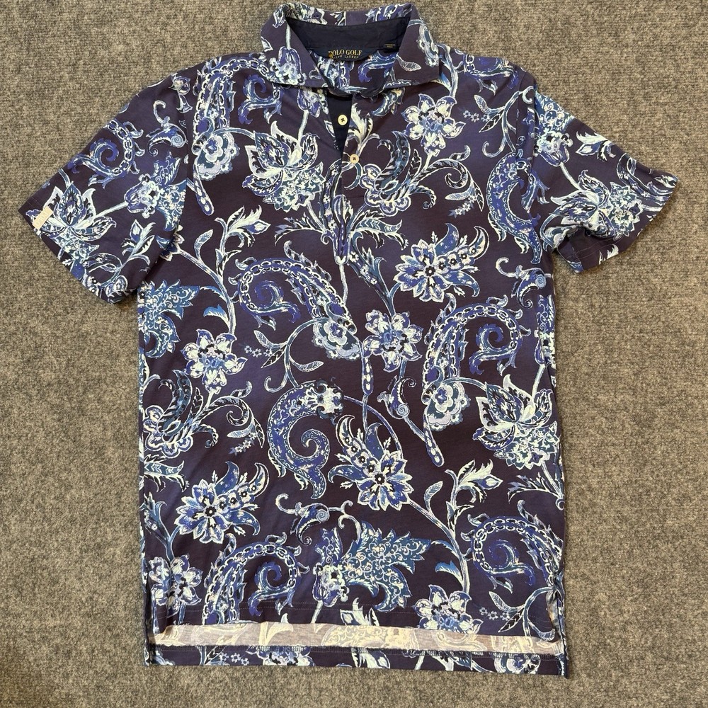 ⛳ Polo Golf Ralph Lauren Mens Small Paisley Floral Polo Shirt Navy Blue Cotton