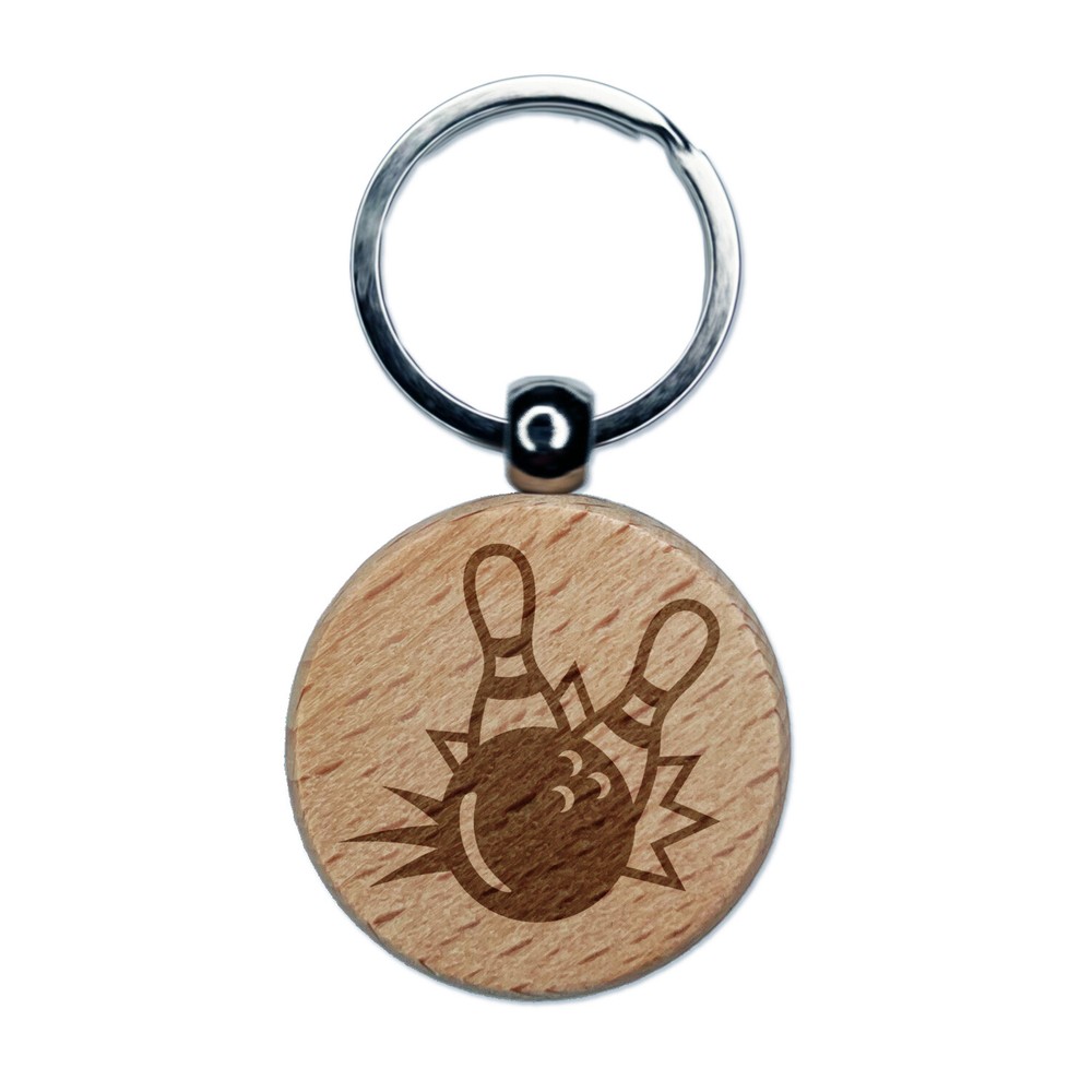 Bowling Ball Knocking Down Pins Engraved Wood Round Keychain Tag Charm