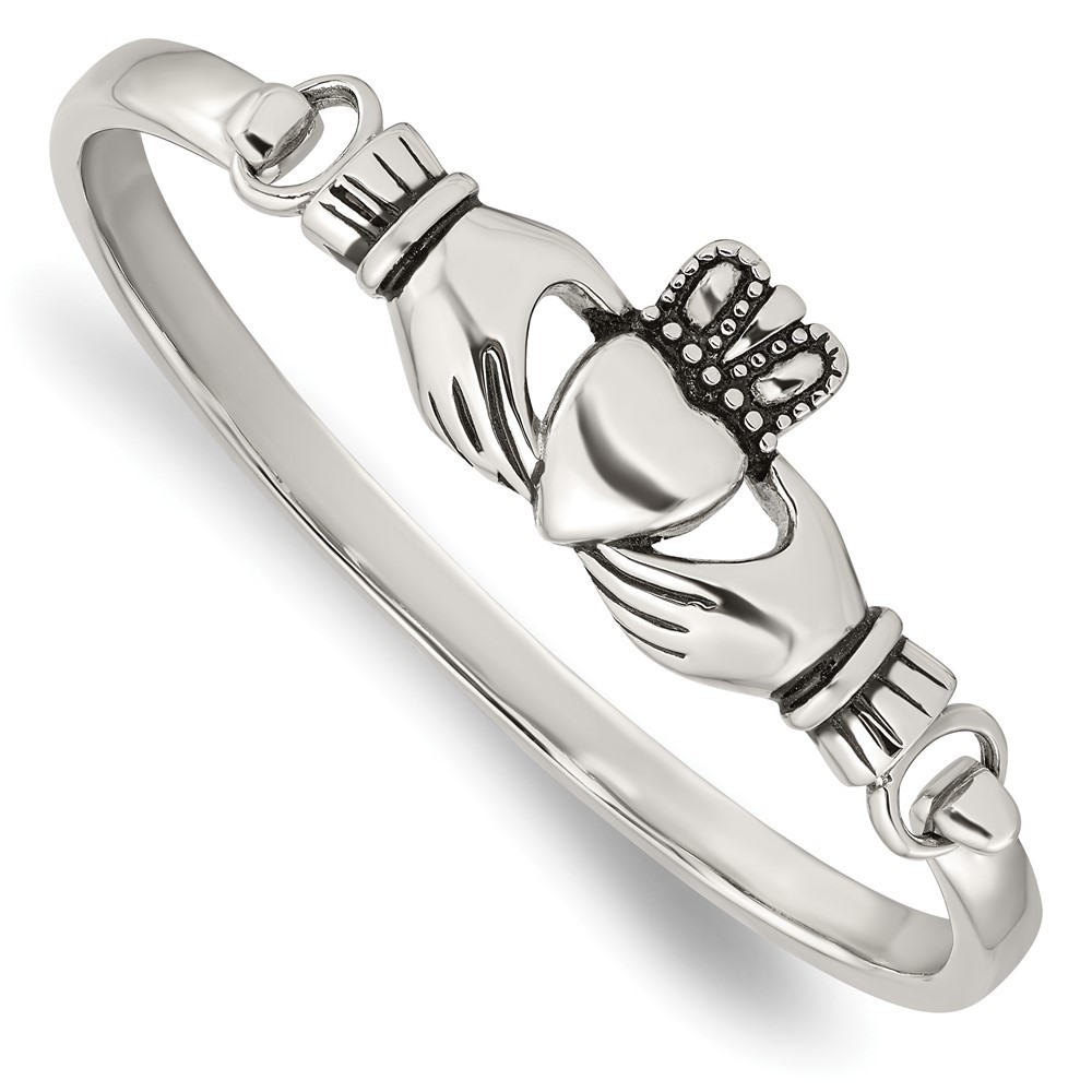 Stainless Steel Antiqued and Polished Claddagh Bangle Bracelet 6.75