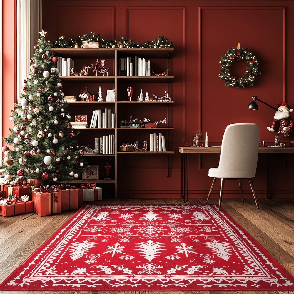 Cozy 5x7 Winter Snowflake & Christmas Tree Home Office Rug Machine Washable