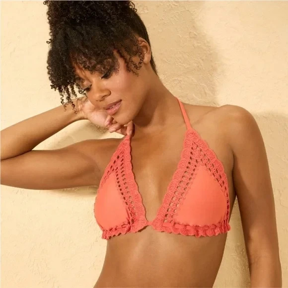 Women's Crochet Edge Triangle Bikini Top - Shade & Shore Carrot Orange XS
