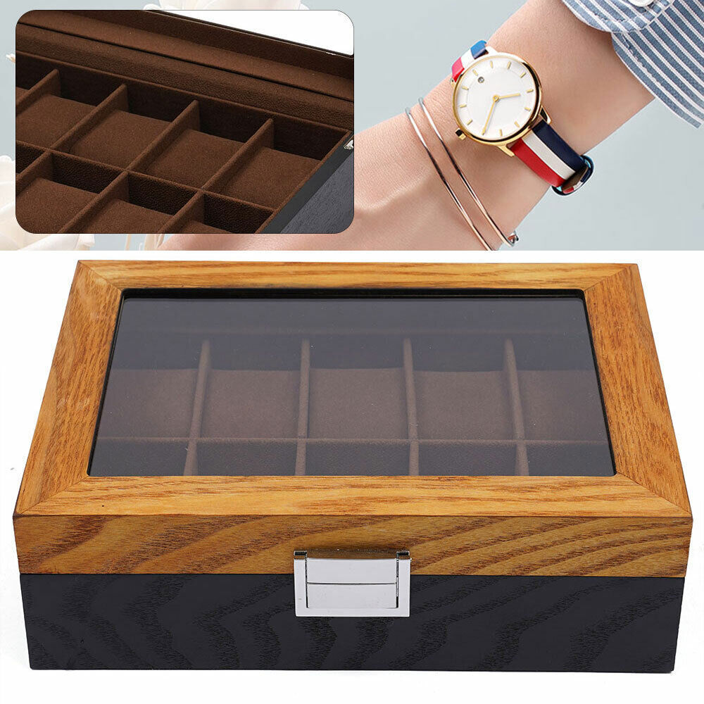 10-Slot Wooden Watch Box with Glass Top Lockable Jewelry Display Case