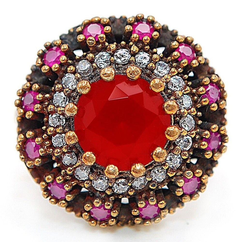 Sterling Silver 4CT Garnet Topaz Ottoman Empire Style Ring Size 7.5  