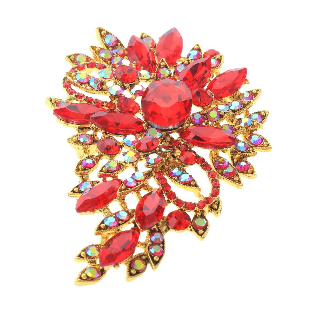 Gold Tone Metal Crystal Rhinestone Flower Brooch P1246-RED