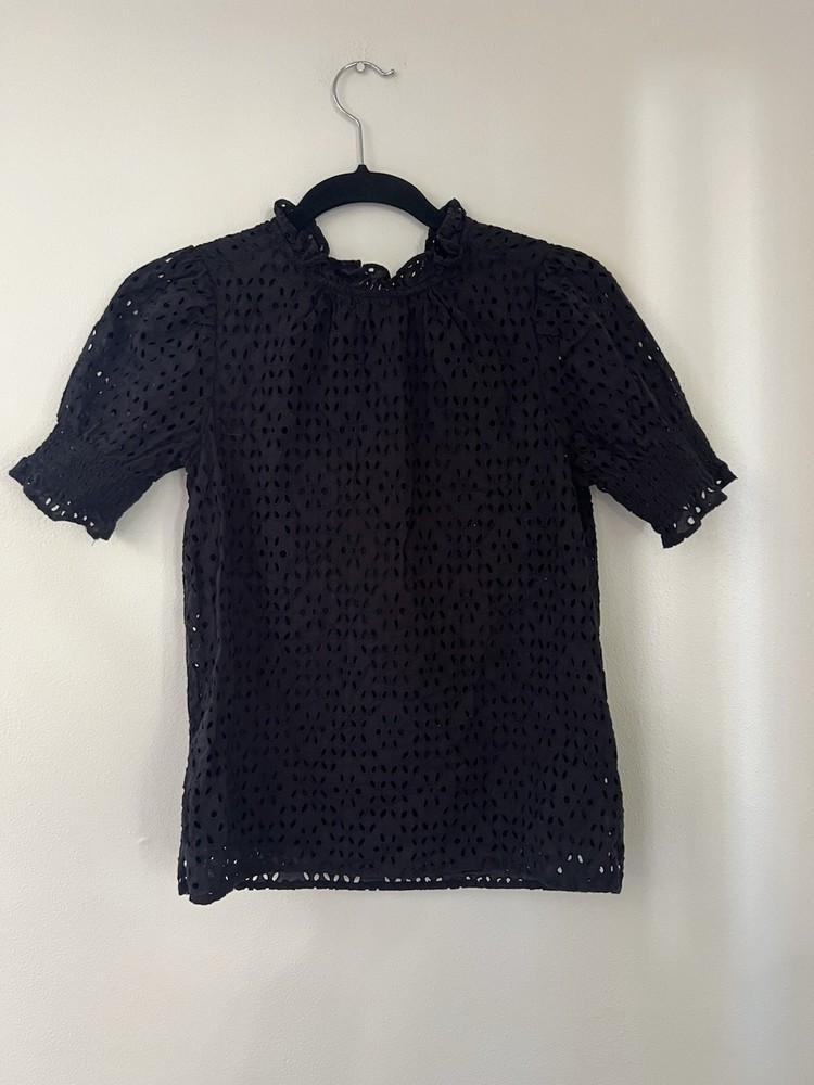 J.CREW Black Eyelet Smocked Short Sleeve Blouse Top Size xxs Ruffle 100% Cotton