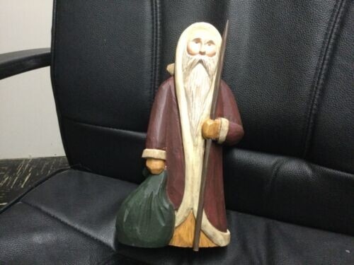 Father Christmas handmade wood Vintage holding a bag of toys