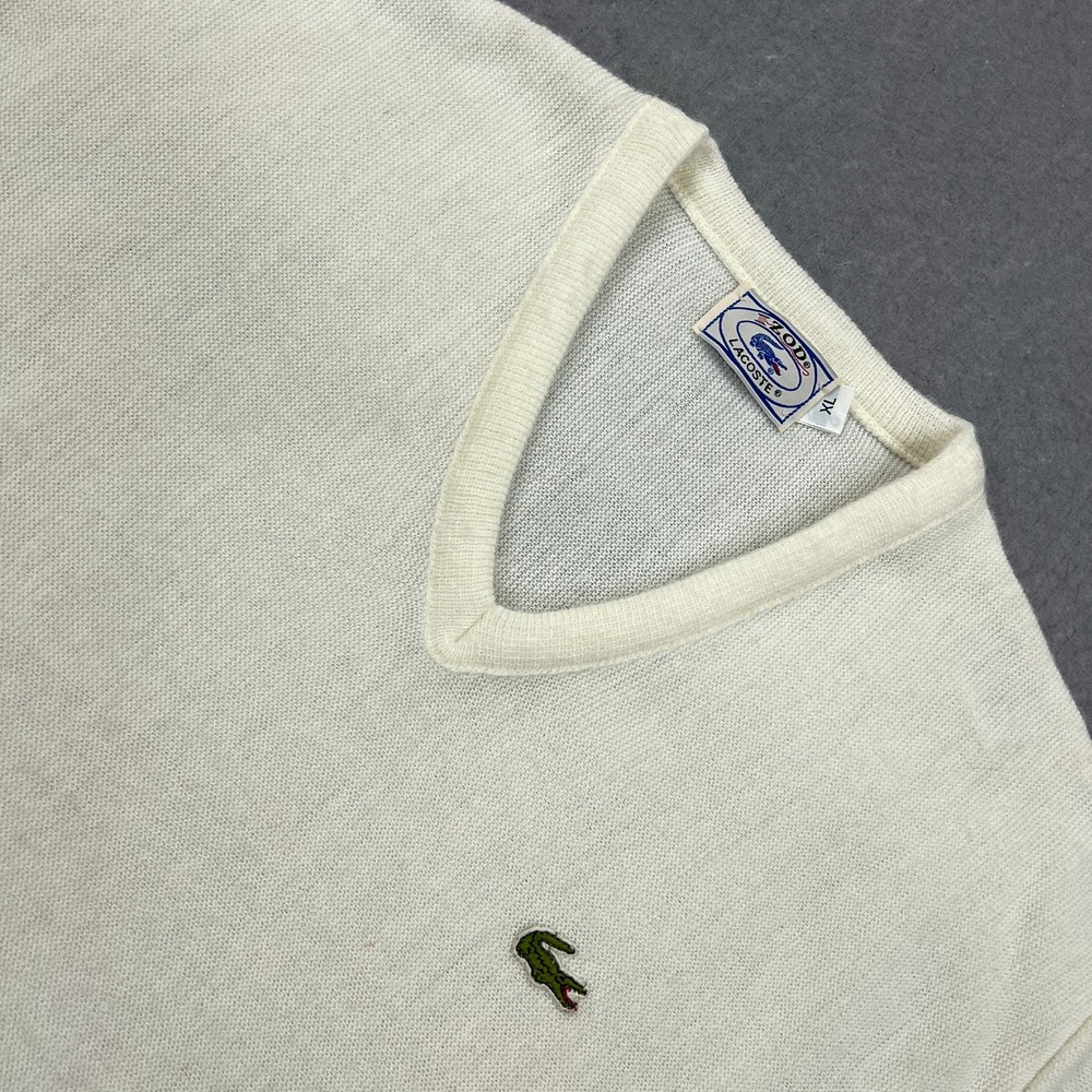 VTG Izod Lacoste Sweater Men's XL Ivory Knit V-Neck Lightweight Pullover