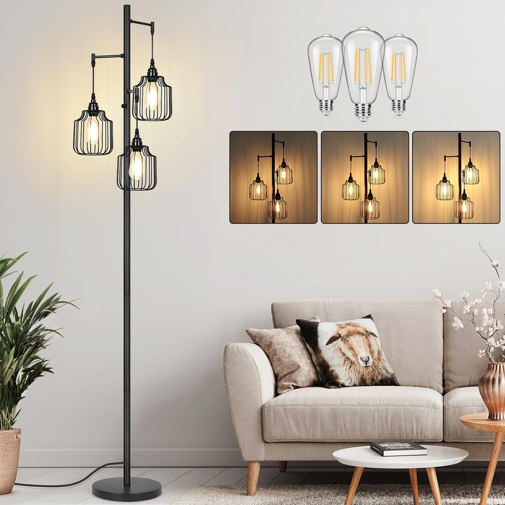 Dimmable Floor Lamp with 3 X 800LM LED Edison Bulbs,Tall Standing Lamp for Livin